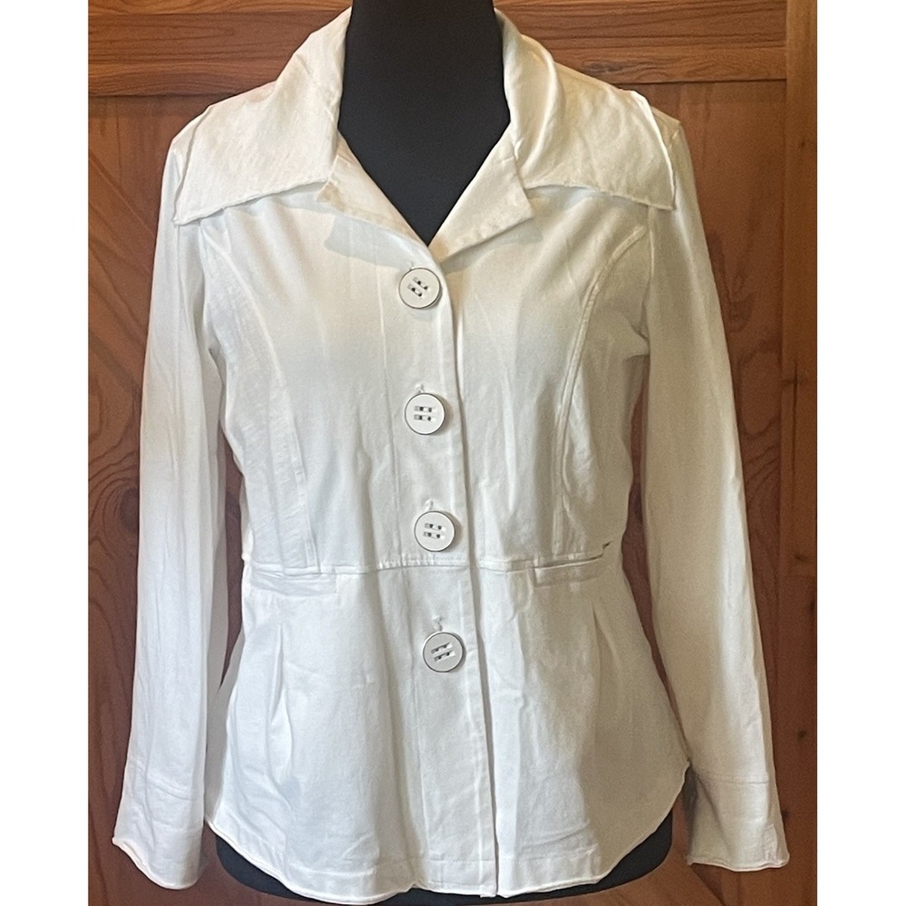 Habitat White Cotton Stretch Jacket M Ruched Collar Focal Buttons Roll Hem 28527